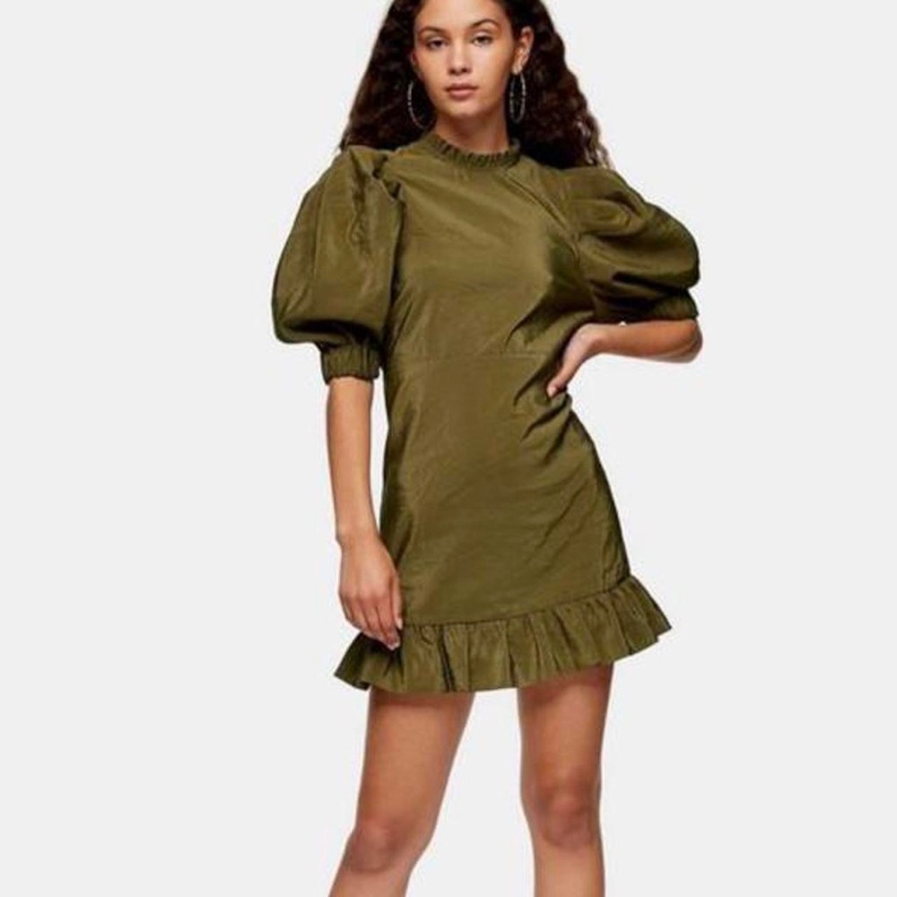Topshop Green Puff Sleeve Sheath Mini Dress